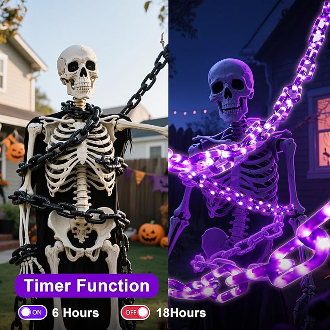 woohaha Halloween Decorations Plastic Chain Lights，10.5FT 175LED Purple Battery/USB Props Chains String Lights,8 Modes and Timer for Outdoor Halloween Party Creepy Cosplay Spooky Ornaments