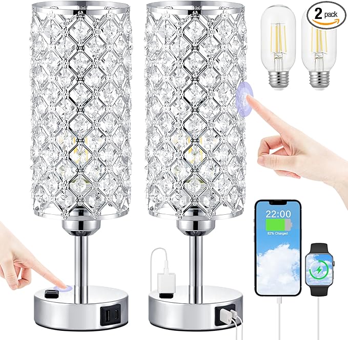 Hong-in Crystal Lamp Touch Control Set of 2, Sliver Crystal Table Lamps with USB C+A Ports & AC Outlet, 3-Way Dimmable Nightstand Touch Lamp, Modern Bedside Table Lamp for Bedroom(Bulbs Included)