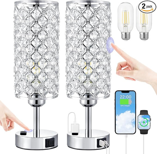 Hong-in Crystal Lamp Touch Control Set of 2, Sliver Crystal Table Lamps with USB C+A Ports & AC Outlet, 3-Way Dimmable Nightstand Touch Lamp, Modern Bedside Table Lamp for Bedroom(Bulbs Included)
