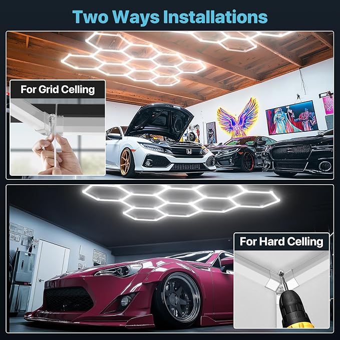 HYPERLITE Gen 2 Hexagon Garage Light, Upgraded 3 Level Dimmable 624W 62400LM Super Bright Garage Detailing Lights, 15 Grids with Rectangle Frame Shop Light, Hexagon LED Lights for Gym