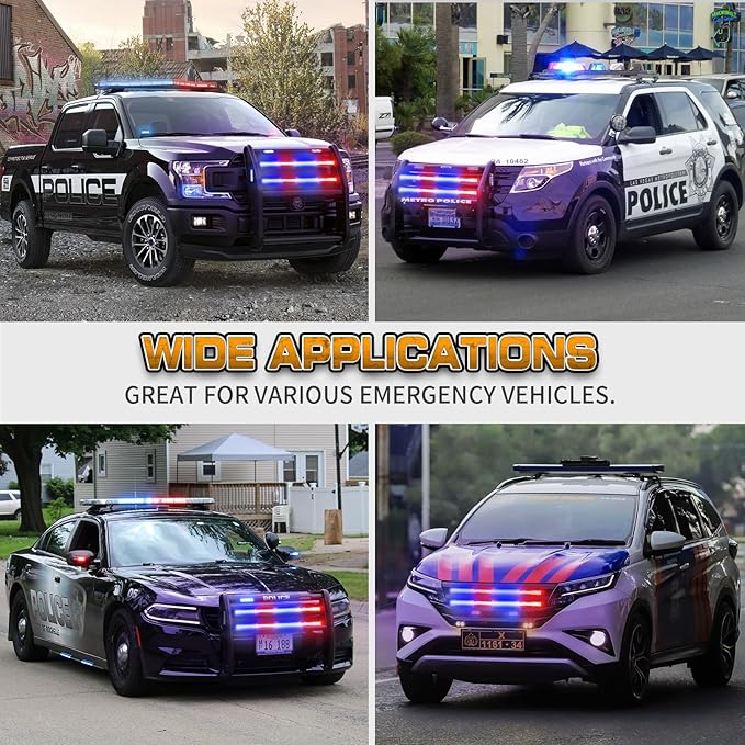 XRIDONSEN 2PCS 24 inch Truck Grill Police Lights Strip 288 LED Red Blue Emergency Strobe Lights Flashing Warning Hazard Caution Safety Grille Lights w/Waterproof Tube for Vehicles Trucks Pickup SUV