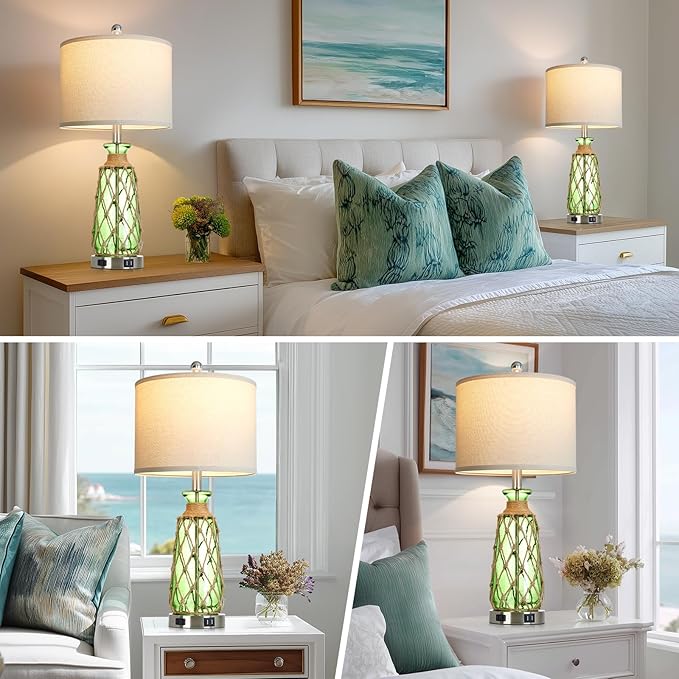 25.5" Green Glass Table Lamps Set of 2, 3-Way Dimmable Touch Control Bedside Lamps with 2 USB Ports and AC Outlet, Coastal Nightstand Lamp for Bedroom Living Room (LED Bulbs Included)