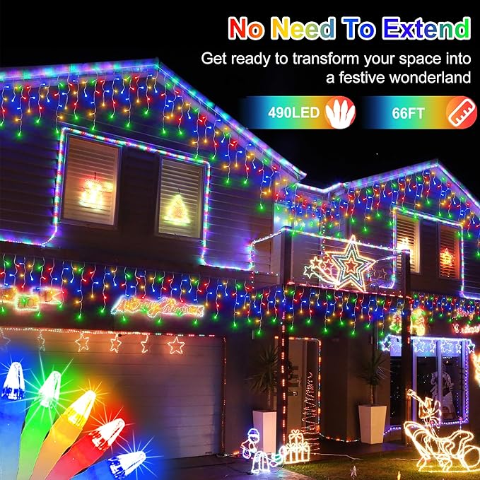 66 FT LED Christmas Lights with 140 Drops, 490 LED Indoor Outdoor Christmas Decorations, 8 Lighting Mode Waterproof Fairy Lights with Timer for Xmas Holiday Wedding Yard Party Multicolor