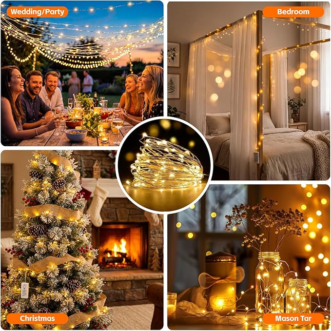 8 Pack Rechargeable Fairy Lights with Remote & DIY Timer, 7ft 20LED Dimmable Silver Wire String Light for Mason Jar, Mini Twinkle Lights for Indoor Christmas Bedroom Wedding Decor, Warm White
