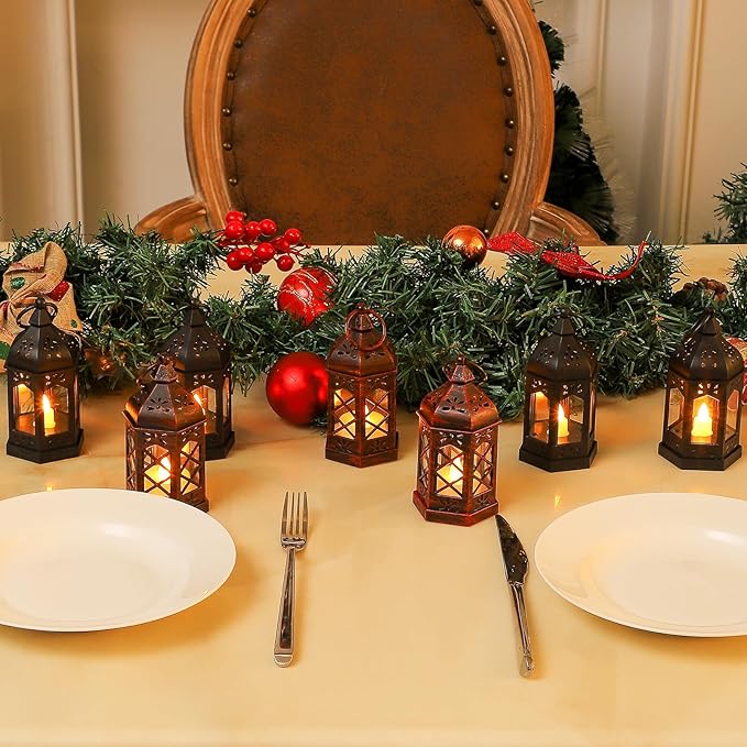 LLQ 8Pack Mini Lantern Decorative for Ramadan & Wedding, Small Vintage Moroccan Lantern with Flickering LED Candle for Halloween Table Centerpieces, Enchanted Forest Medieval Decor, Hanging Ornament