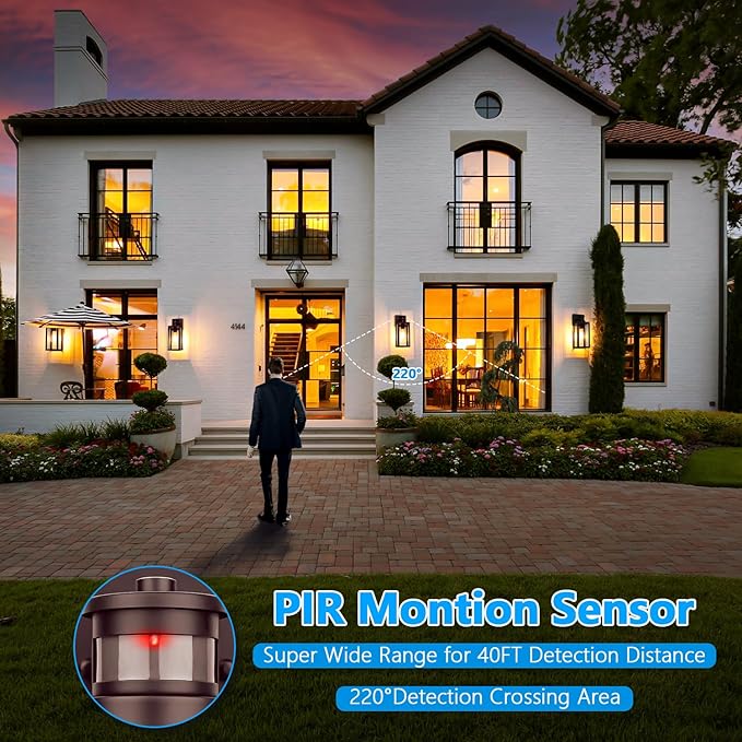 2-Pack Motion Sensor Outdoor Wall Lights, Dusk to Dawn Exterior Wall Sconces Lanterns with Seeded Glass, Waterproof Porch Light Fixtures Outside Lights for House Front Door Entryway Garage, Brown