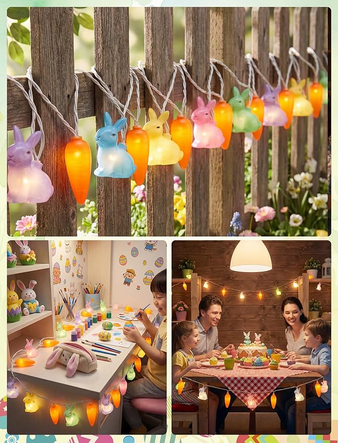 Abeja Multicolored Rabbit Carrot String Light, 8.5FT LED Easter Fairy Light with 10 LED Rabbit Carrot Lights, Easter String Lights for Kids Bedroom Garden Wall Home Easter Decorations