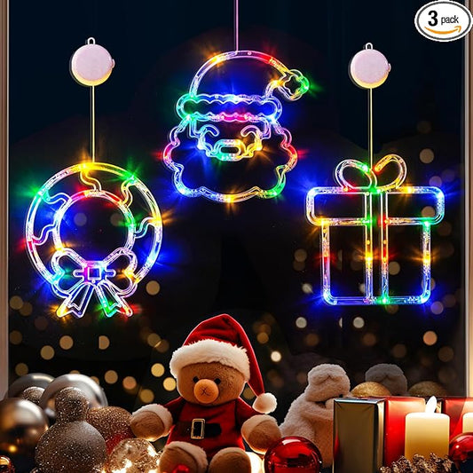 LOLStar Christmas Window Decorations 3 Pack Wreath Gift Box Santa Claus Christmas Window Lights with Suction Cups, Battery Operated Xmas Lights Decors, 2025 Upgrade Slow Fade Mode and Timer Function