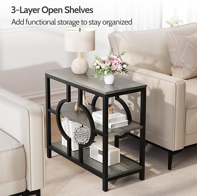 End Table, Narrow Side Table with 3-Tier Storage Shelves, Wood Sofa Side Table with Geometric Metal Frame for Living Room, Industrial Bedside Nightstand for Bedroom (1, Rustic Gray)