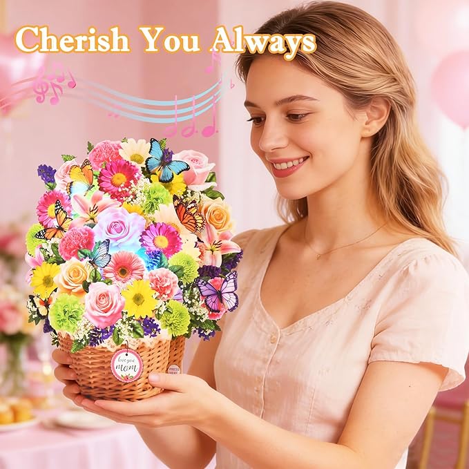 Pop Up Mother's Day Card with Music & Lights, 3D Butterfly Flower Basket Greeting Cards, Elegant Floral Happy Mothers Day Keepsake Gift with Envelope for Mother Wife from Son Daughter Husband