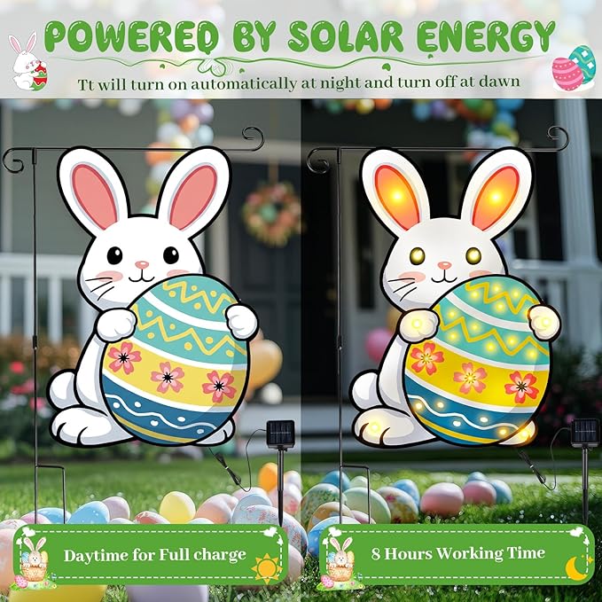 VIHOSE Easter Garden Flag for Outside, 12 x 18 Inch Solar Easter Garden Flag, 8 Modes LED Rabbit Yard Flags Lighted Egg Double Sided Outdoor Banner for Courtyard Lawn Decoration