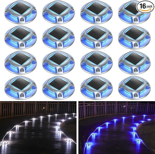 AGPTEK Solar Driveway Lights 16-Pack – Dual Color LED, IP68, Deck Dock Path Marker Lights