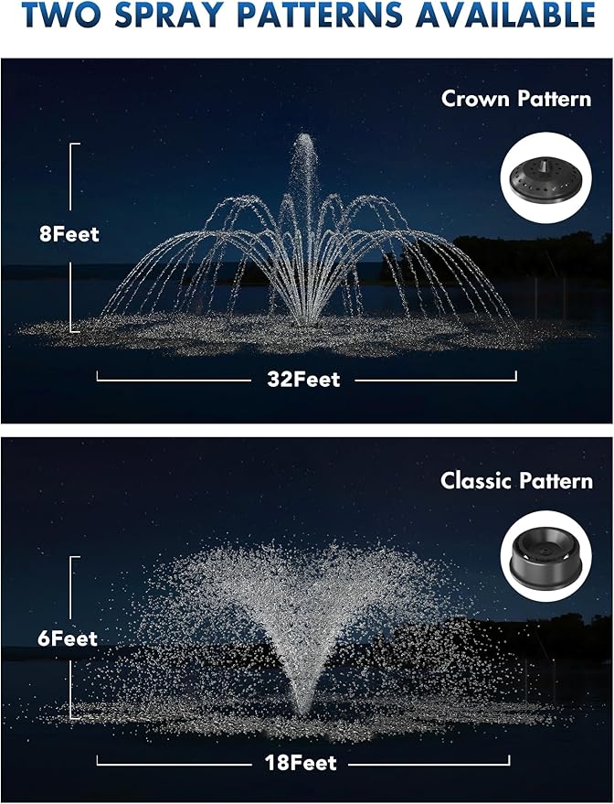 HQUA FS01 120V, 1/2HP, Large Pond Floating Fountain with FSL01 LED RGB Color-Changing Light Sets, 100’ Cord, 13000 GPH, Two Spray Patterns 32'x12' and 18'x6'