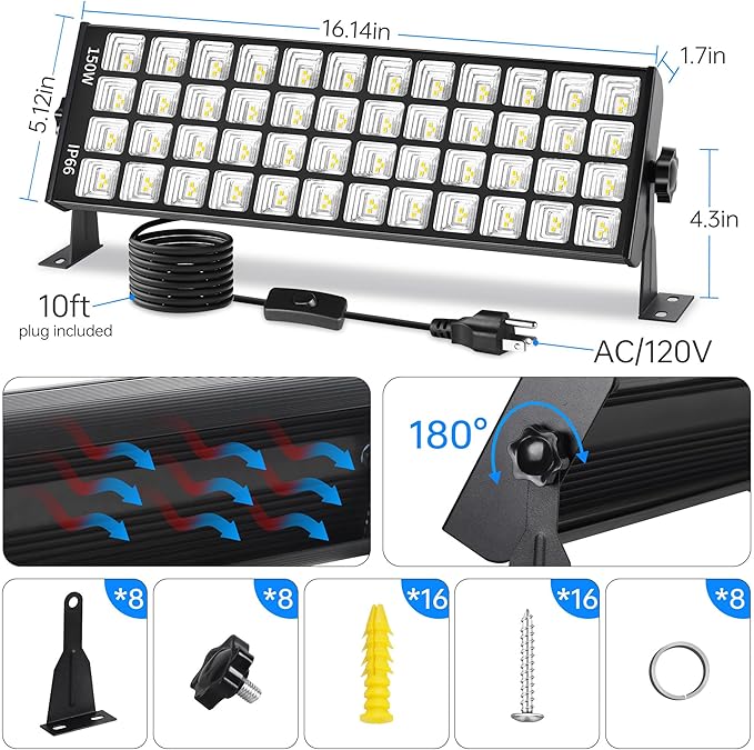150W LED Shop Light, 18000LM 6000K Daylight White Super Bright, IP66 Waterproof Garage Light with On/Off 10 FT Cord Bay Lighting for Workshop Yard Garage Warehouses Yard 4 Pack