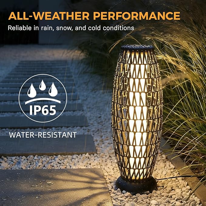 Solar Yard Outdoor Solar Lamp Woven Wicker Boho Lantern Floor Lamp, Decoration for Garden, Deck, Yard, Pathway, Oslo Silver Black