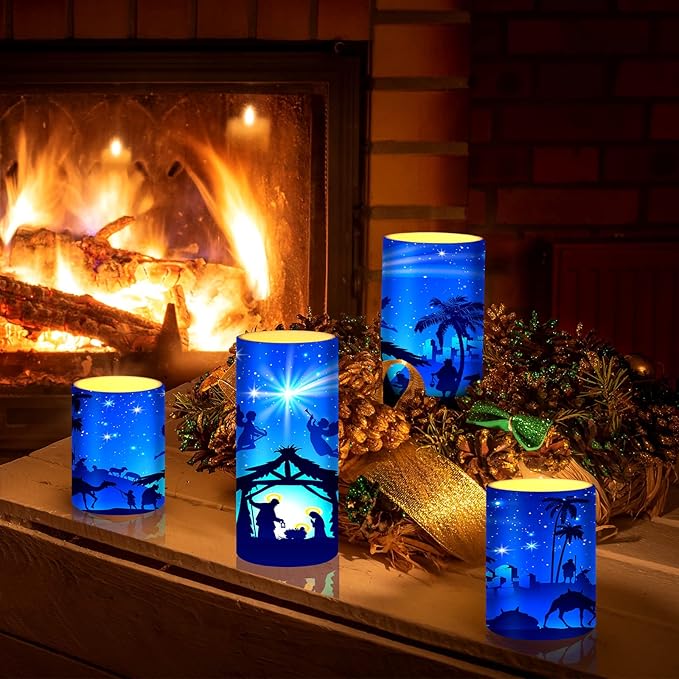 Tiamon Christmas Nativity Scene Candles LED Religious Theme Flameless Candles Battery Operated LED Warm Light Flickering Pillar for Xmas Holiday Table Decorations (Romantic)