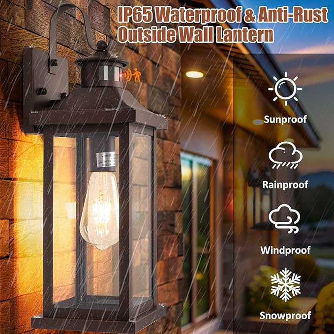 Dusk to Dawn Motion Sensor Outdoor Lights Oil Rubbed Bronze 2-Pack, 18 Inch Large Outdoor Light Fixtures Brown Exterior Lights Photocell IP65 Waterproof Outside Lanterns for House Vintage