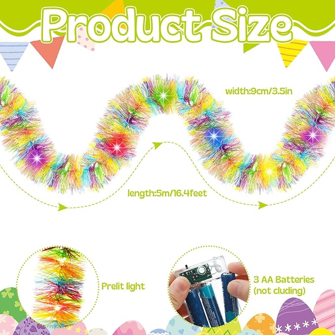 Chuangdi 16.4 ft Easter Tinsel Garland with LED String Light Easter Egg Twist Metallic Wire Garland Tinsel Foil Hanging Decor, Colored, Colored Light