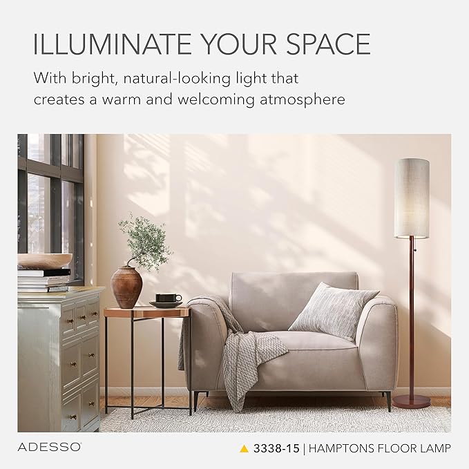 Adesso Floor Lamp with Walnut Wood Finish and Beige Linen Lampshade – Mid-Century Modern Bedroom, Home Office Lighting, or Living Room Decor, 65” x 16”