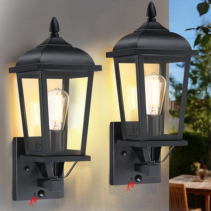 2-Pack Motion Sensor Outdoor Wall Lantern, Dusk to Dawn Outside Modern Lighting Fixtures, Black Exterior Porch Lamp Lighting, Waterproof Outdoor Wall Sconce for Patio (Black Cover)