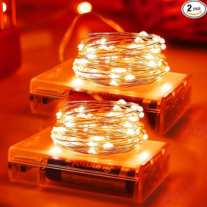 YAOZHOU Thanksgiving Fall Decorations Orange Fairy String Lights Indoor, Battery Operated Powered with Timer, 2 Pack Total 33FT 100 Led Mini Mason Jar Waterproof Firefly Halloween Lights DIY Party