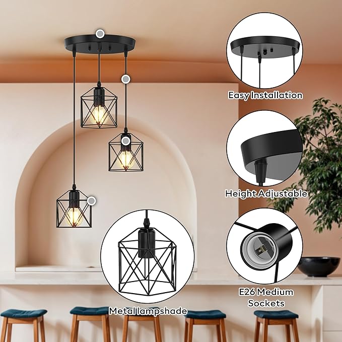 3 Light Pendant Lighting, Farmhouse Hanging Light Fixture for Kitchen Island & Dining Room, Industrial Vintage Ceiling Lamp with E26 Base, Adjustable Height, Matte Black