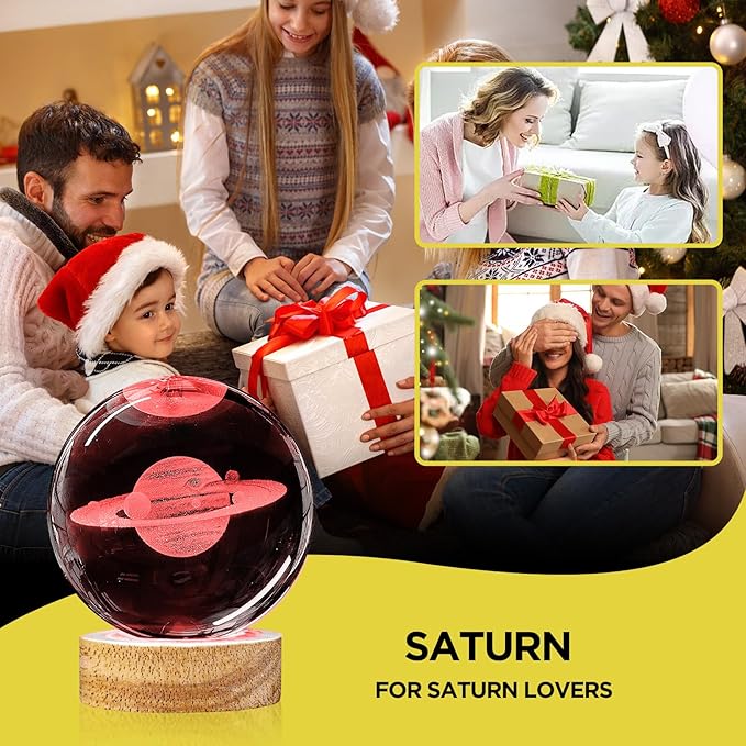 3D Crystal Ball Night Light - 3.15 inch Saturn Galaxy Planet Glass Ball Lamp with 16 Color Changing and Remote Control - Ideal for Bedroom Decor, Gifts for Friends, Kids, Christmas, Birthday