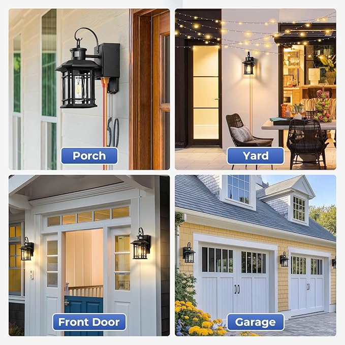 Porch Light with GFCI Outlet, Distance and Time Adjustable Black Motion Sensor Outdoor Lights, Dusk to Dawn 3 Modes Outdoor Light with Outlet for House, Garage, Garden, Waterproof, Aluminum