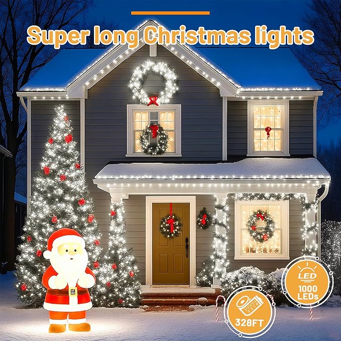Christmas Lights 1000 LED 328 FT, IP67 Waterproof Christmastree Lights with 8 Modes, Remote Control 3 Timers & Memory Function Xmas Decorations for House and Holiday (Cool White)