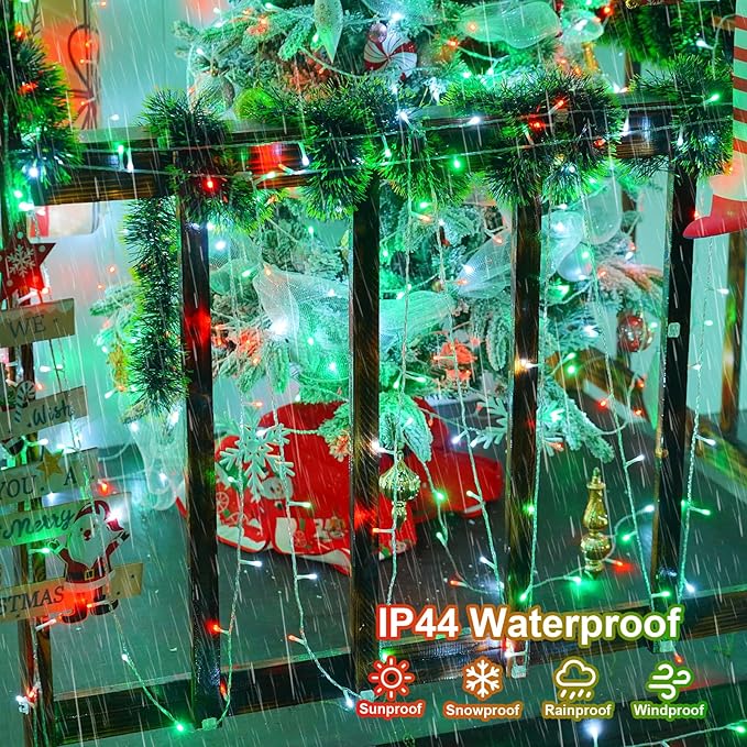 QITONG Red White Green Outdoor String Light, 165ft 500 LED Christmas Lights with 8 Modes, Clear Wire Twinkle Xmas Light Indoor Plug-in