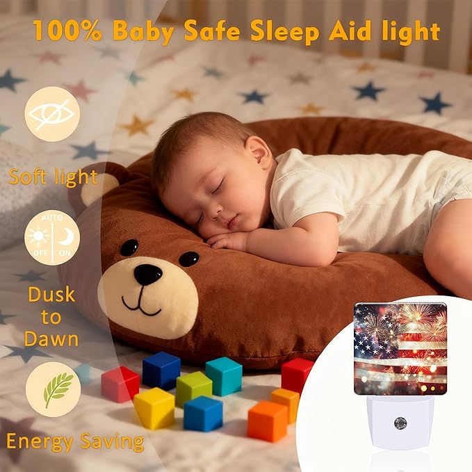 America Flag with Fireworks Night Light for Kids, Dusk-to-Dawn Auto Sensor Plug in Night Light, 0.5W Energy Saving Non-Toxic Design for Bedroom/Bathroom, Ideal Gifts for Women, Men & Kids