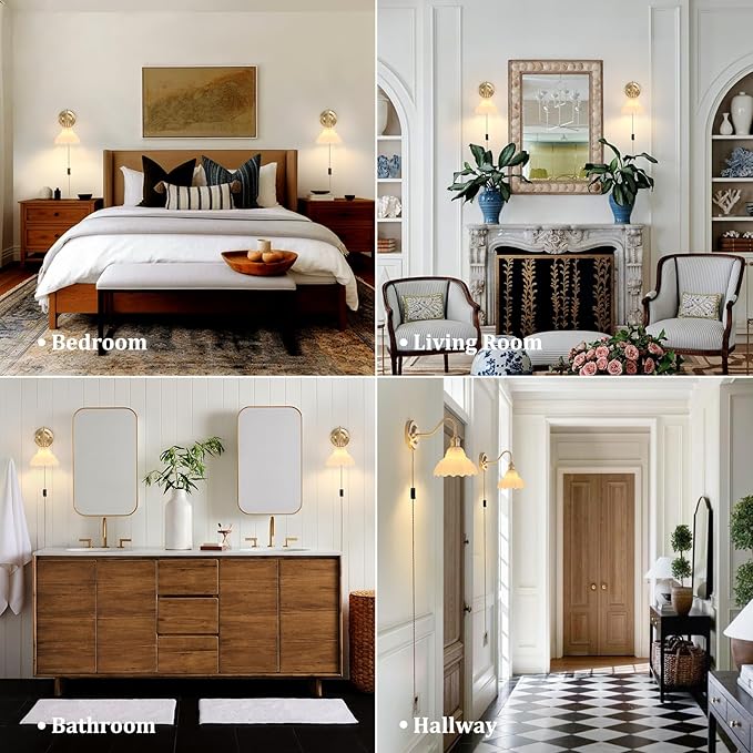 Plug in Wall Sconce Set of 2, Gold Vintage Wall Decor Lights with White Lily Glass Shade, Indoor Brass Corded Wall Lamp Fixture for Bedroom Living Room Bathroom Hallway