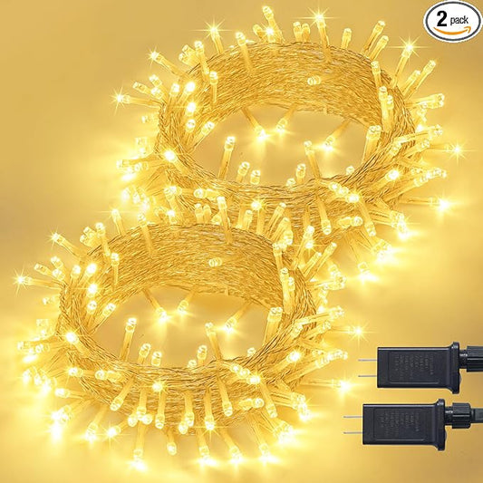 JMEXSUSS 2 Pack 100 LED Warm White Christmas Lights Indoor, Connectable 33ft Warm White String Lights Outdoor Waterproof, 8 Modes Christmas Tree Lights Plug in for Xmas Bedroom Yard Party Decorations