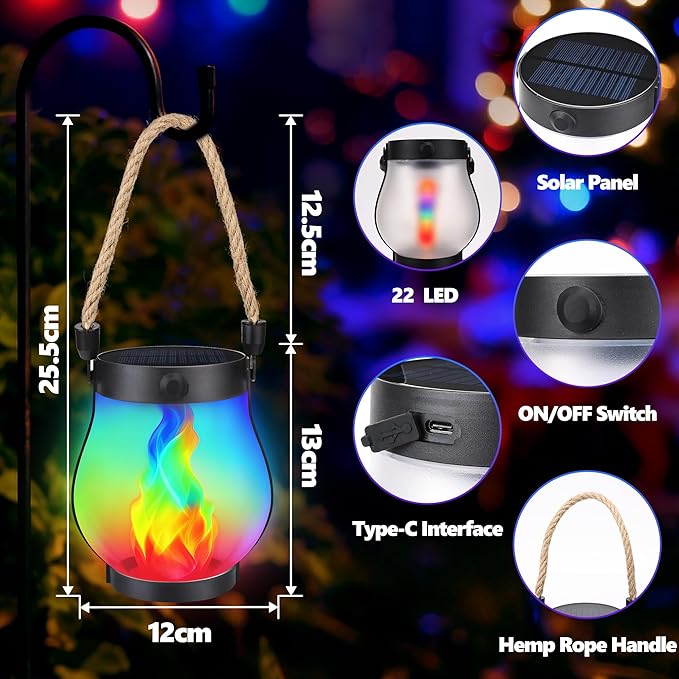 iBaycon 2 Pack Solar Lanterns Lights, Christmas Flickering Flame Garden Lights with 2 Modes Dual Charging USB & Solar, Outdoor Waterproof Hanging Lantern for Holiday Christmas Decor (Multicolor)