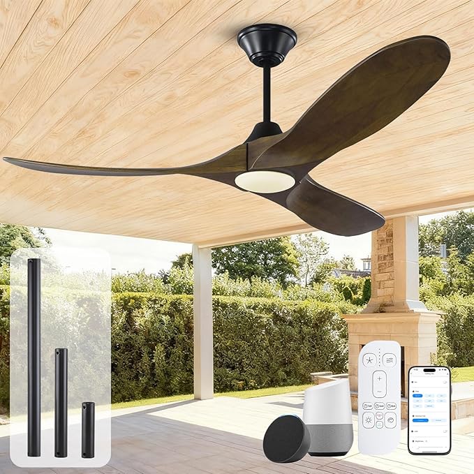 52 Inch Smart Outdoor Ceiling Fan with Light, Rustic Farmhouse Wood Ceiling Fan with 3 Blades Propeller, Damp Rated, Alexa/Remote/App Control, High CFM Quiet DC Motor for Patios Indoor Exterior