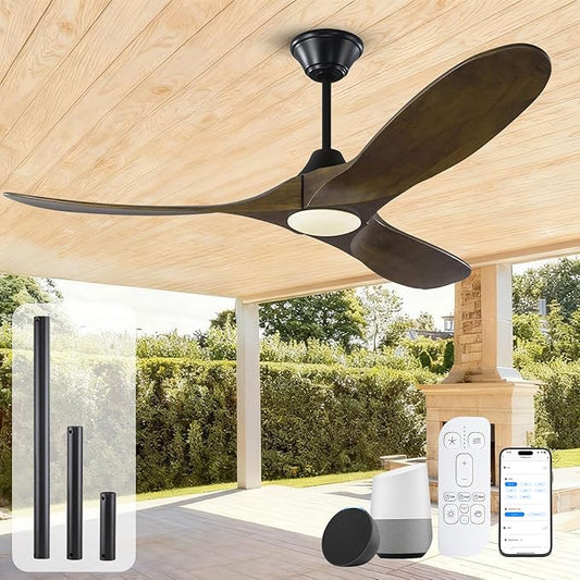 52 Inch Smart Outdoor Ceiling Fan with Light, Rustic Farmhouse Wood Ceiling Fan with 3 Blades Propeller, Damp Rated, Alexa/Remote/App Control, High CFM Quiet DC Motor for Patios Indoor Exterior