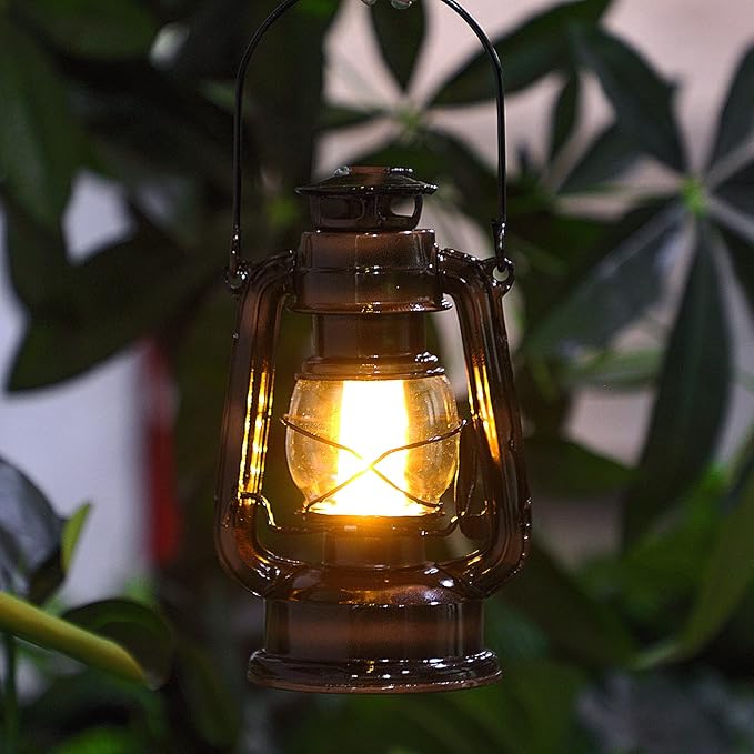 Hortsun 12 Pieces 8 Inch Vintage LED Hurricane Lantern 12 Warm LEDs and Dimmer Switch Battery Operated Farmers Hanging Lantern for Indoor Outdoor Camping Usage Decor