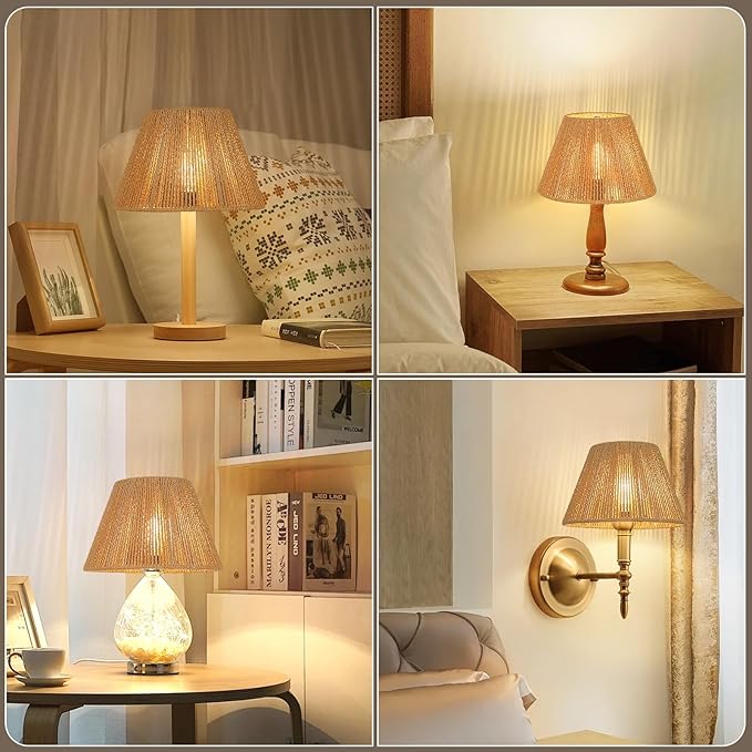 Small Rattan Lamp Shades Set of 2, Boho Lamp Shades for Table Lamps, 5.5" Top x 10" Bottom x 6.6" High, Wicker Lampshade Replacement for Bedroom, Hand Woven, Spider, Bulb Clip Adapters Included
