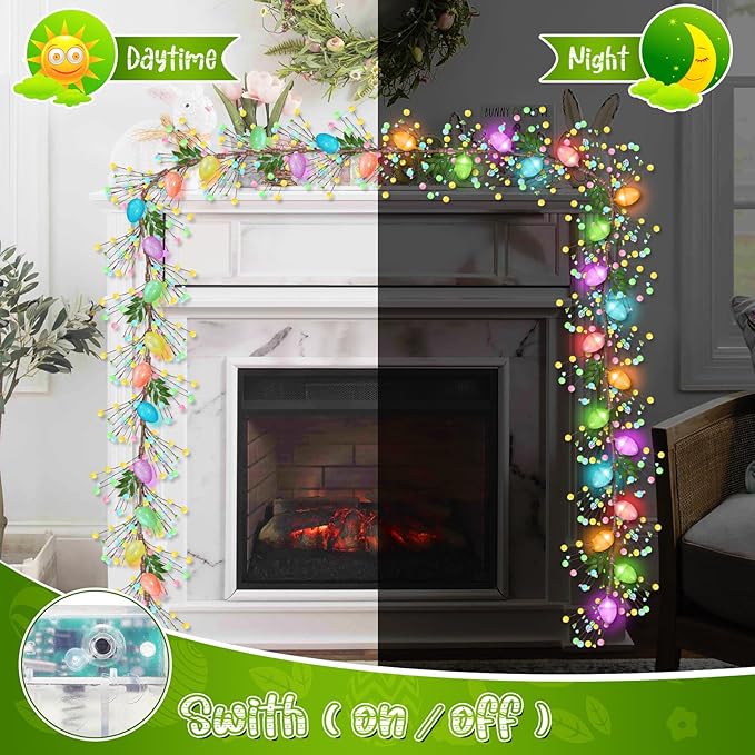 Enhon Lighted Easter Garland with 8 Lighting Modes, 15 LED Colorful Glitter Easter Egg Garland Lights Timer, Battery Operated Egg & Mixed Berry Decoration for Spring Mantle Home Fireplace Indoor Decor