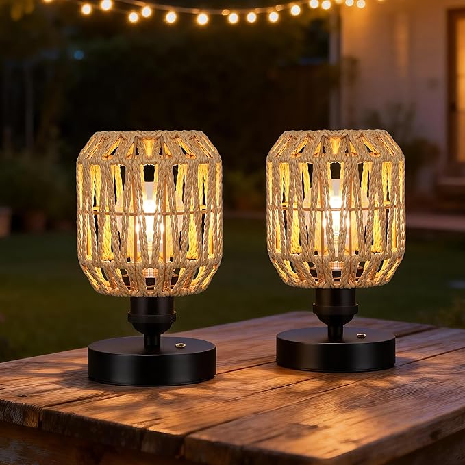WIHTU 2 Pack Rechargeable Table Lamps, Cordless Lamp with 5000 mAh Battery Operated, Outdoor Wireless Rattan Touch Lamps, Portable Dimmable Lamp for Restaurtrant Home Camping Patio (Bulbs Included)