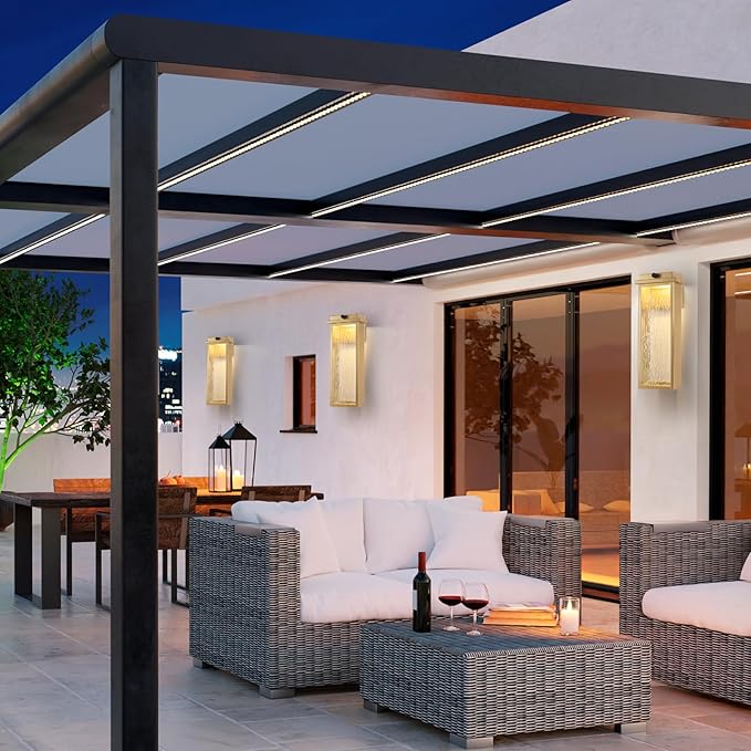 16" Dusk to Dawn LED Outdoor Light 2 Packs, Gold Outside Porch Lights Wall Mount, Large Exterior Lighting Fixtures with Rippled Glass, Waterproof Modern Wall Lantern for House, Patio