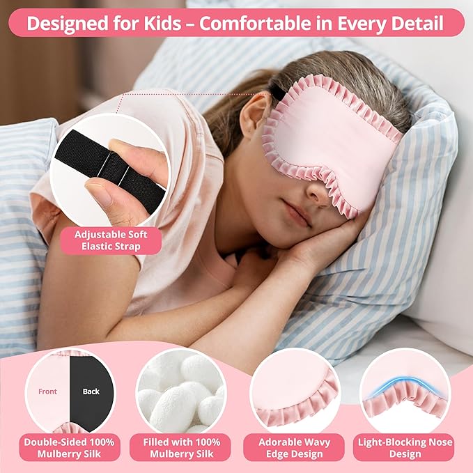Kids Sleep Mask, 100% Real Mulberry Silk Eye Mask, Sleeping Mask for Kids with Adjustable Elastic Band, Soft & Light Blocking Eye Cover Gift for Boys Girls Teens Age 5+ (Pink)