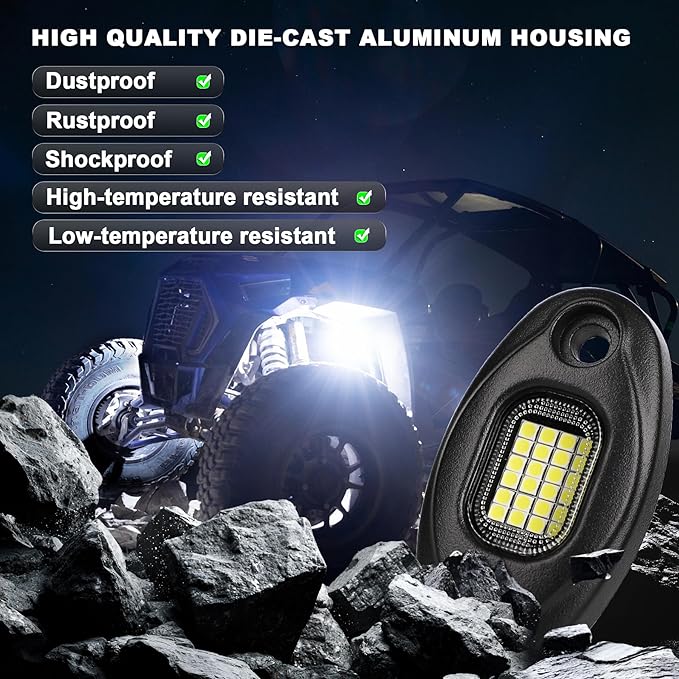 Rock Lights with 15FT Wire Extender, Aluminum Case, 24Chip High Power 6000k Pure White, Waterproof IP68 Underglow Lights for Trucks Jeep UTV ATV(12 PCS)
