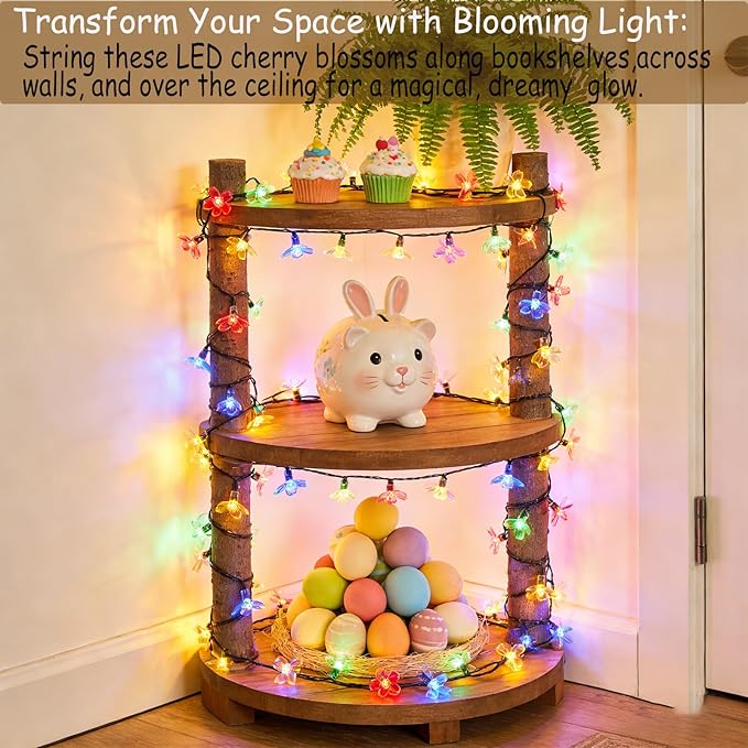 Easter Pastel Flower String Lights Indoor Bedroom Decorations, 33ft 100 LED USB Plug-in Fairy Cute Cherry Blossom Froal Lamp for Patio, Garden Party, Christmas, Birthday Decor (Multicolored)