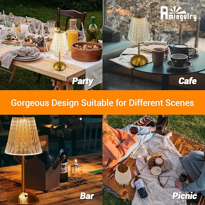 Cordless Table Lamp, 4000mAh Rechargeable Battery Operated Lamp, 3 Color Modes & Stepless Dimmable LED Touch Lamp, Portable Crystal Metal Beside Lamps for Bedroom Restaurant Outdoor(Gold)