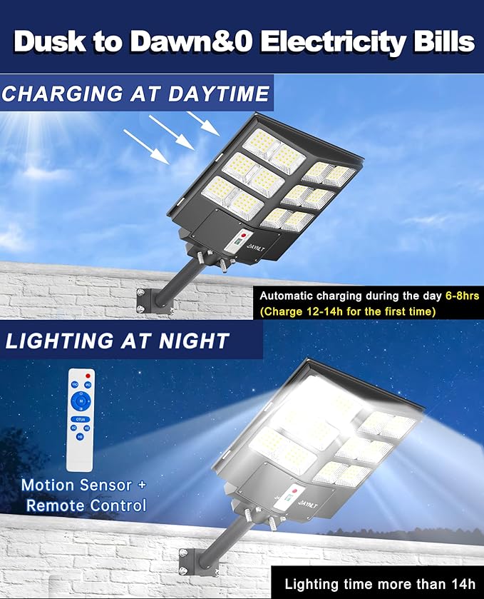 JAYNLT Y-2000W Solar Street Lights, 200000LM 6500K Outdoor Dusk to Dawn, IP67 Waterproof Solar Security Lights with Motion Sensor and Remote Control for Garage, Farm (2-pack)