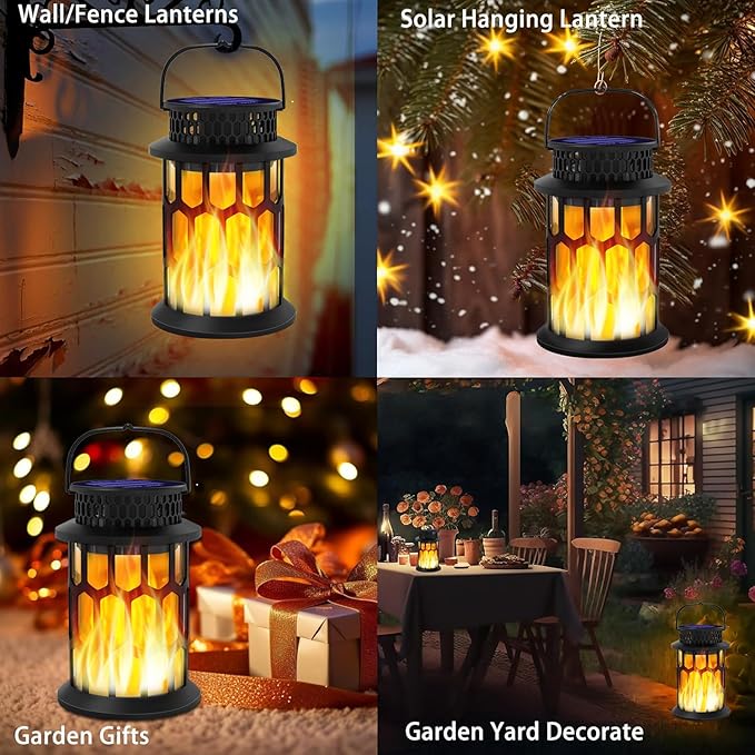 Sola Lanterns Outdoor Waterproof, Flickering Flame Hanging Solar Lanterns Solar Powered Wireless Lantern Decorative Lighting for Halloween Party,Patio,Garden,Yard,Pathway