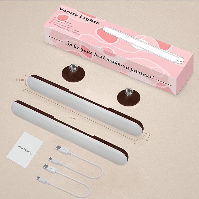 2 Pack Vanity Lights for Mirror with 4000mAh Rechargeable Battery, Touch Control Dimmable Makeup Light with 3 Color Modes, Magnetic 360° Adjustable LED Bathroom Mirror Light, Dark Wood