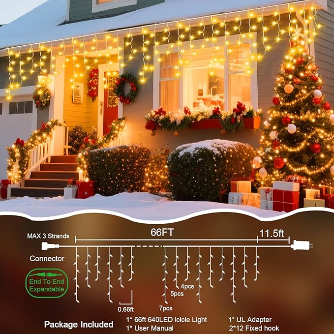 66 Ft Ice Lights for Outside, 640 LED Christmas Lights Outdoor Plug in, Christmas String Lights with 8 Modes & Timer for Holiday, Party, Wedding, House, Patio, Outdoor Decorations
