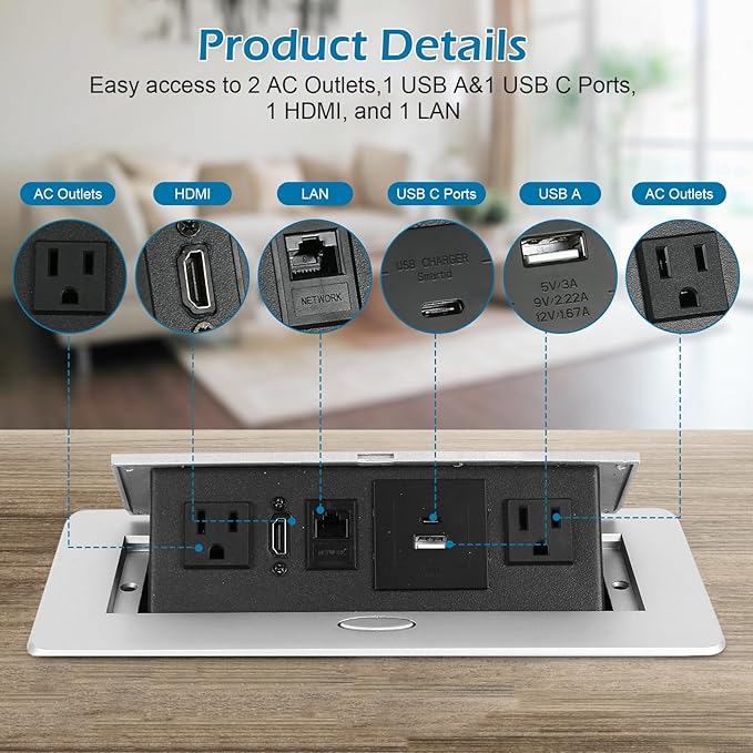 Table Pop Up Outlet,Automatic Pop up Strip Center countertop Socket Recessed Multimedia Strip Socket & USB+ 2AC+ LAN Network Connection Box Desktop HDMI for Conference Desk, Office, Hotel(Silver-2)